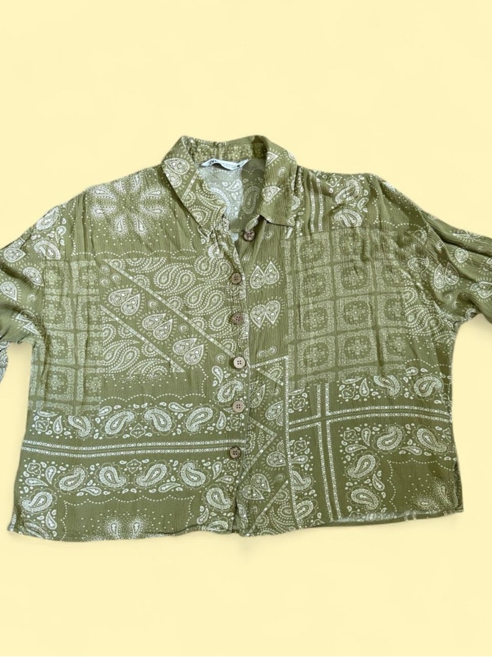 Zara Olive Green Paisley Button-Down Shirt